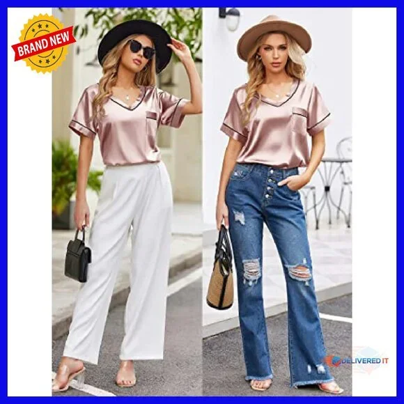 Silk Satin Pajama Set Short Sleeve V-Neck Lounge Sleepwear S-XXL